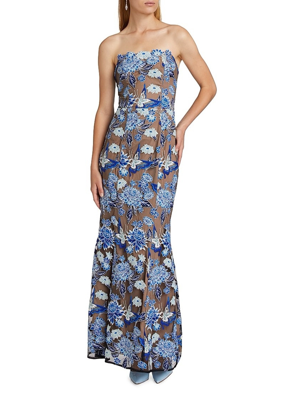 Strapless Blue Floral Embroidered Evening Gown